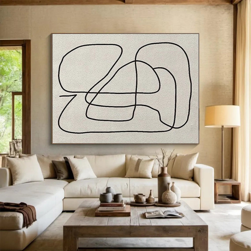 “Continuous Black Line Drawing” - Black, Beige Abstract Line Art Painting On Canvas PS0682