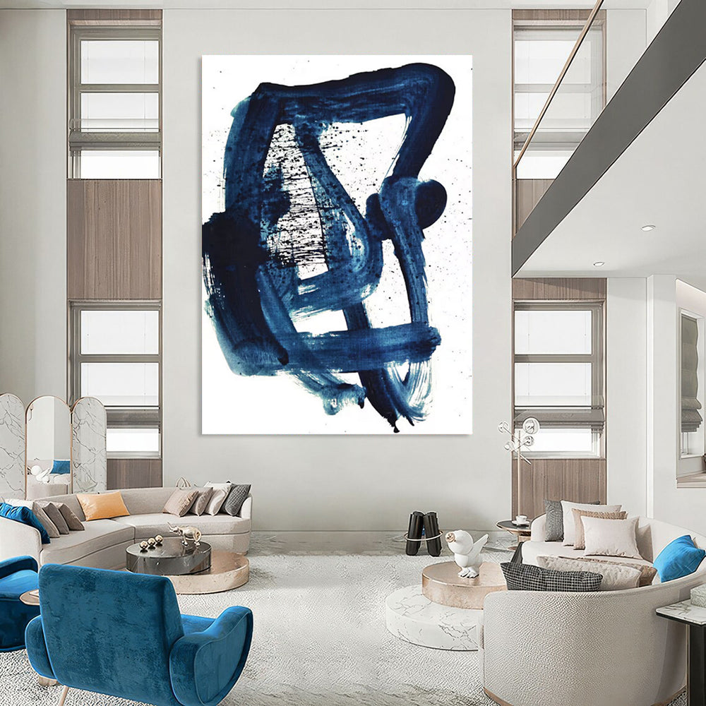 “Indigo Ink Abstraction” - Deep Blue Brushstrokes & Splatters Painting On Canvas DS161