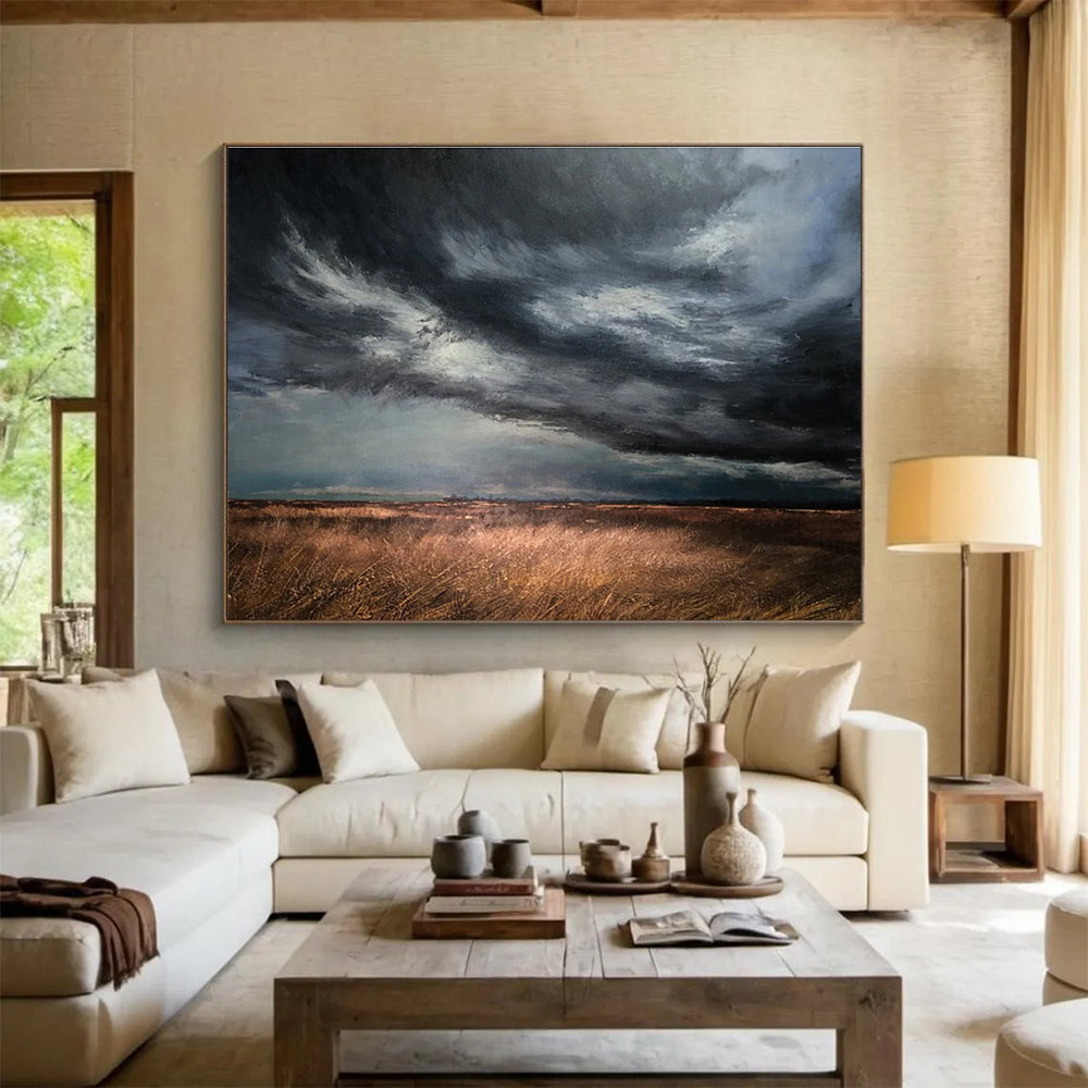 “Stormy Field Sky” - Gray, Brown & Gold Landscape, Realist Oil Painting On Canvas DKS772