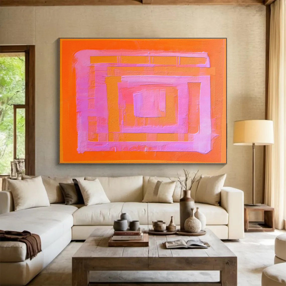 Pink and Orange Geometric Layers - Color Field Abstract Painting On Canvas DKS368