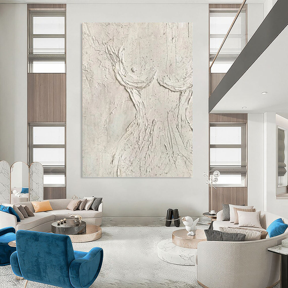 “White Textured Figure Abstract” - Minimalist Plaster Painting On Canvas PT0989