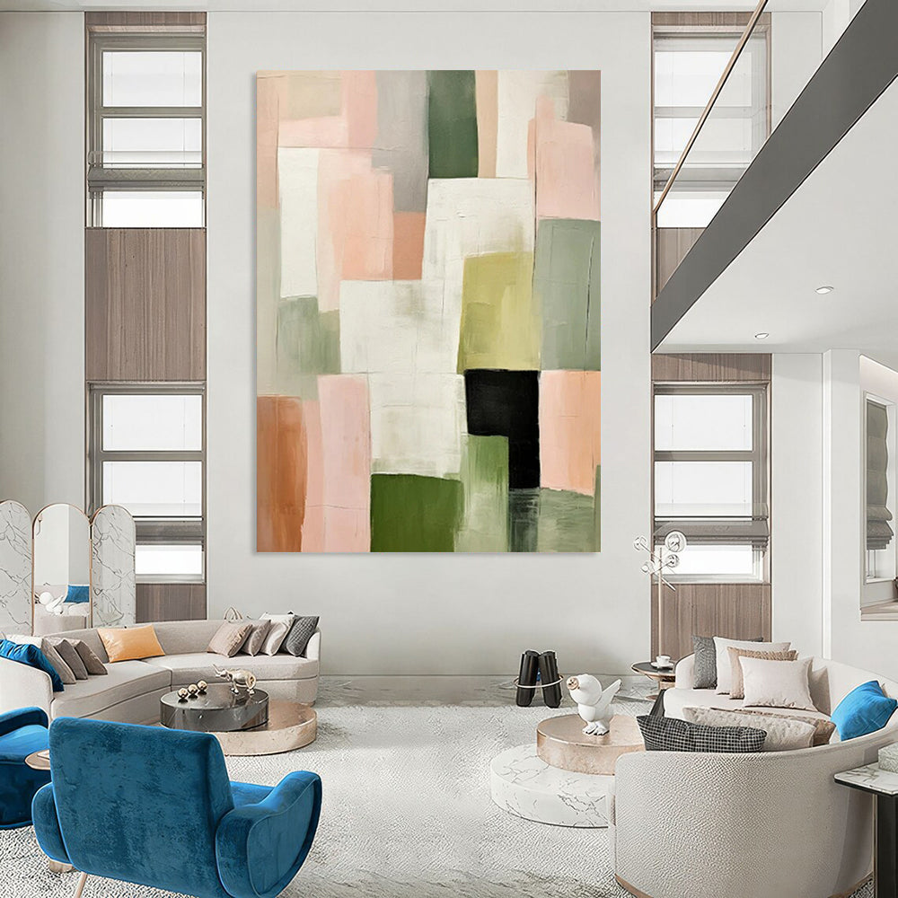 “Blush and Green Geometric Abstract” - Minimalist Geometric Painting On Canvas PT2260