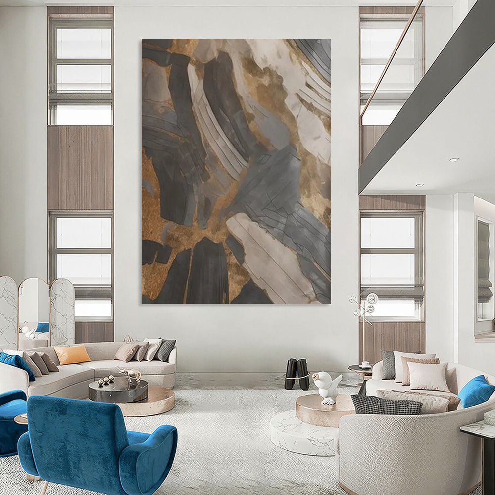 “Gold - Accented Geometry” - Dark Shapes & Metallic Highlights Painting On Canvas DS137