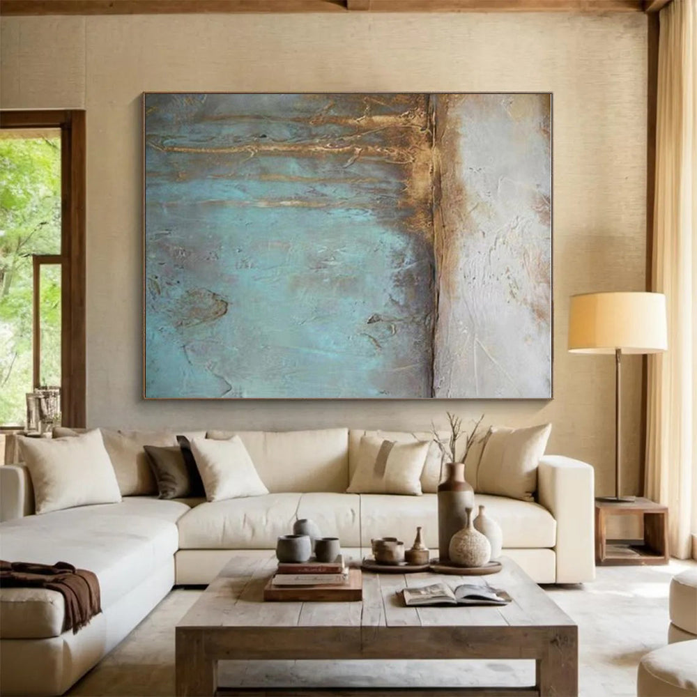 “Rustic Blue - Brown” - Blue, Brown, Beige Abstract Textured Painting On Canvas PS0629