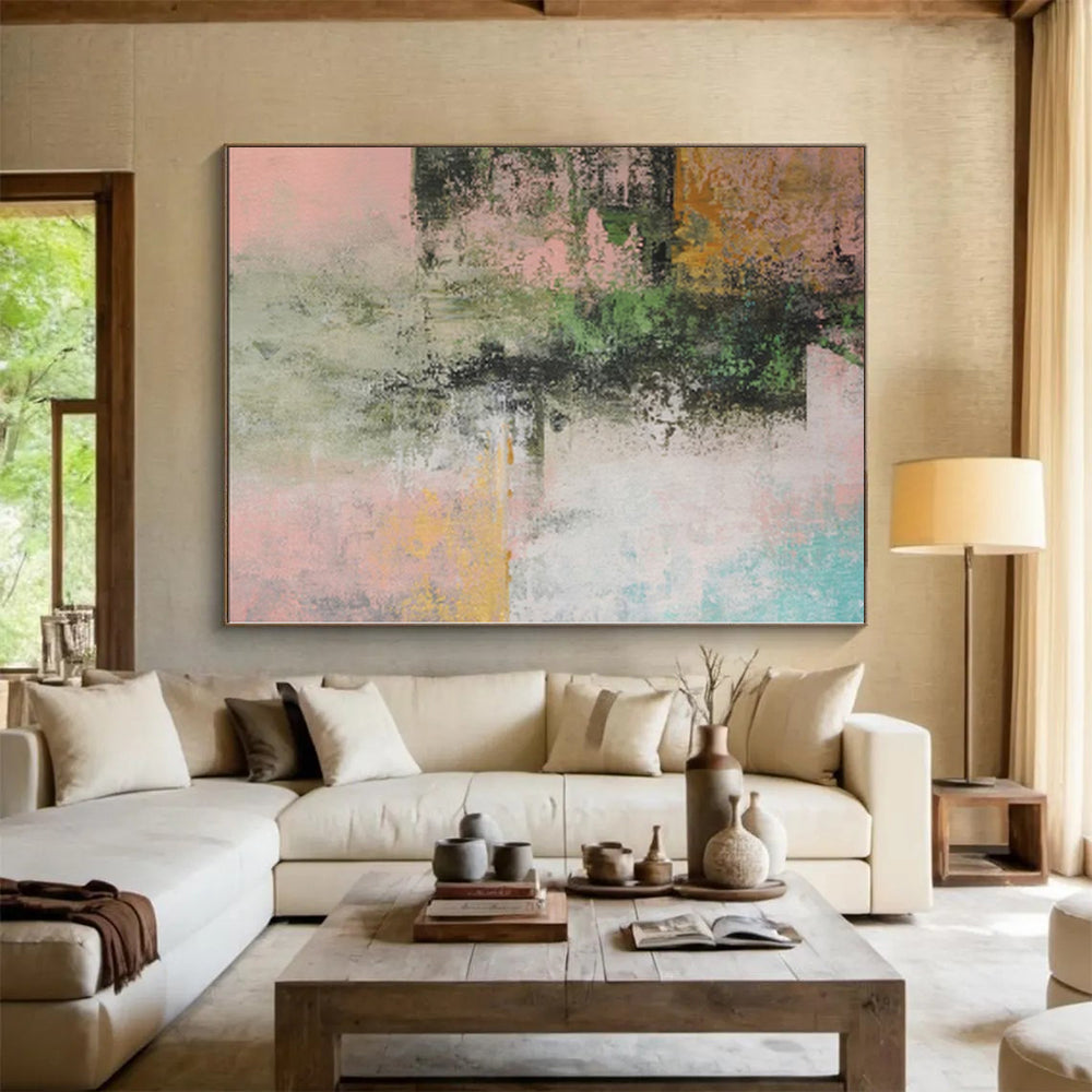 “Pink - Green Abstract Fusion” - Nature - Hued Abstract Painting On Canvas PS0044