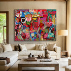 “Pink - Red Abstract Carnival” - Colorful Figurative Painting On Canvas PT239