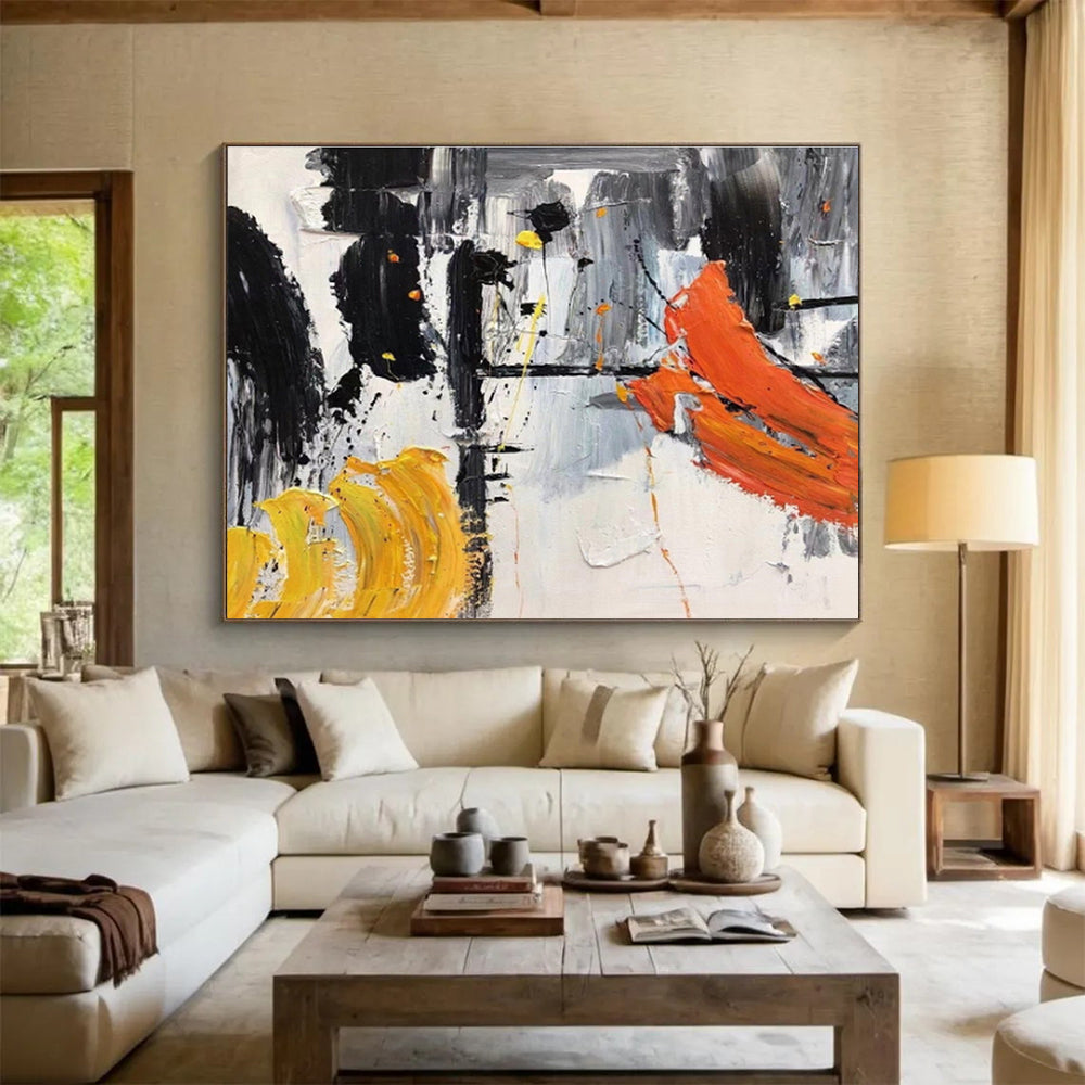 “Bold Black, Yellow, and Orange” Abstract Painting On Canvas DKS187