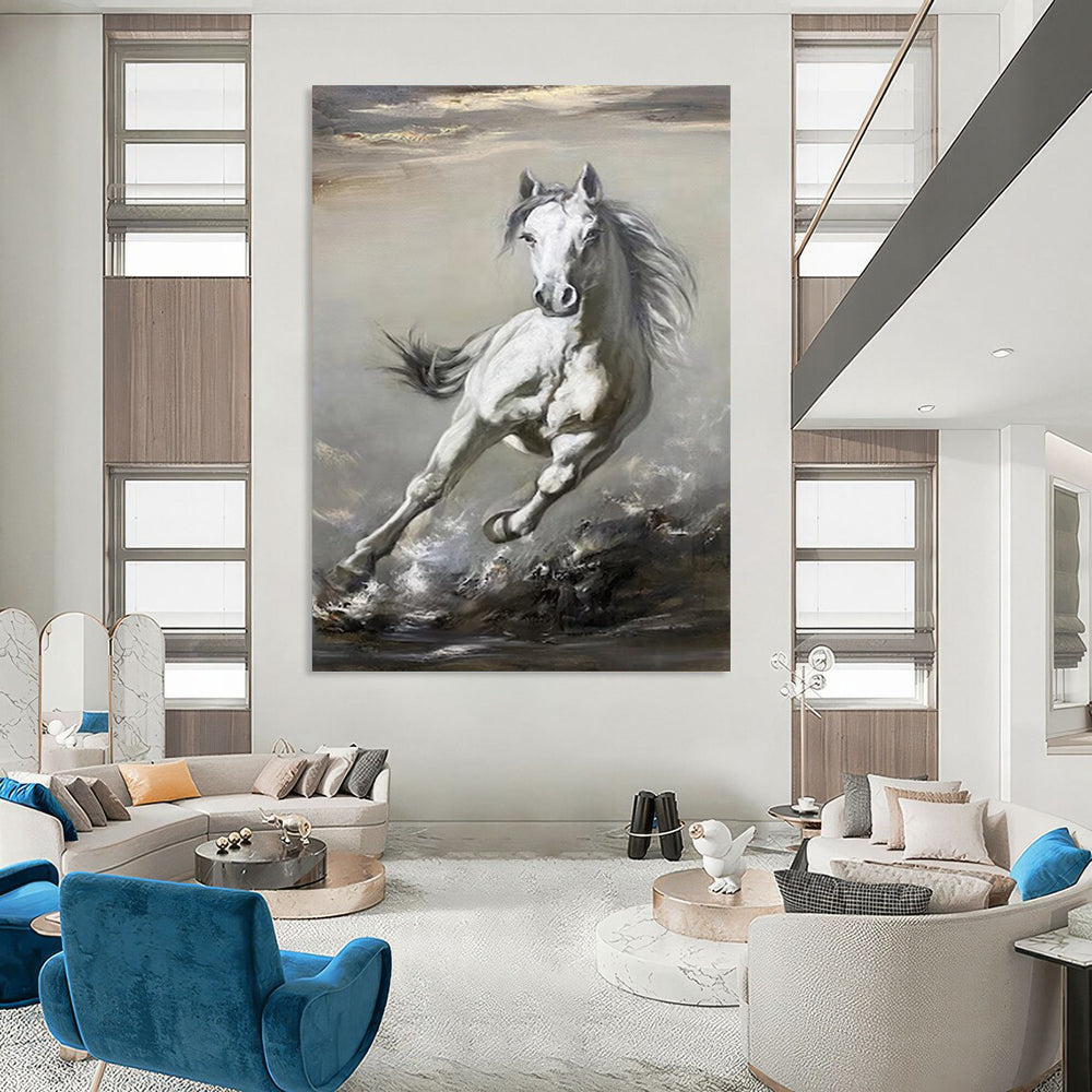 “White Horse in Motion” - Dynamic Oil Painting On Canvas PT2180