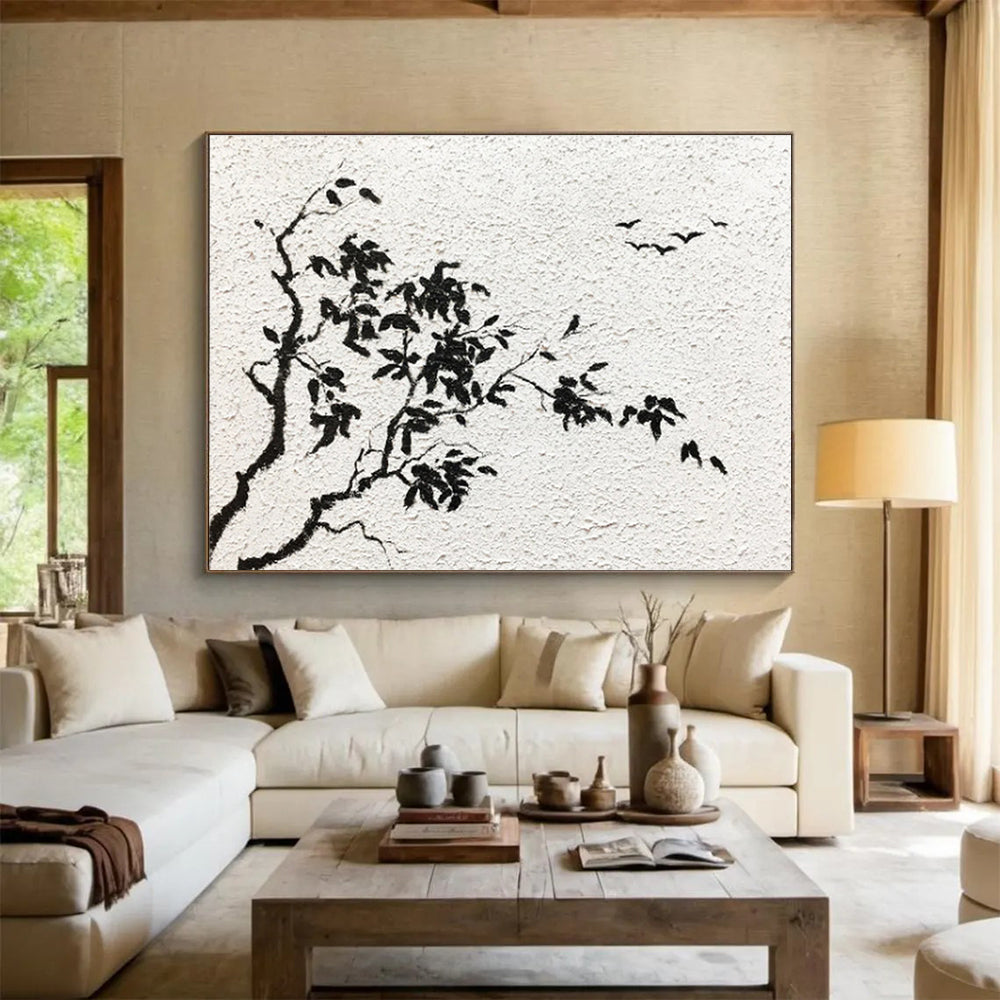 “Ink - Wash Tree and Birds” - Minimalist Chinese - style Painting On Canvas DKS451