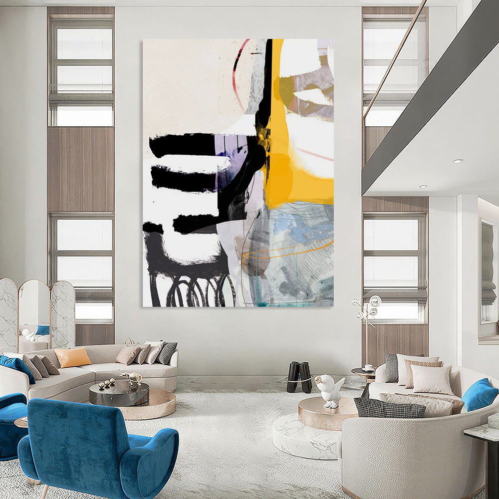 “Yellow - Purple - Black Abstract Collage” - Mixed - Media Abstract Painting On Canvas PT2313