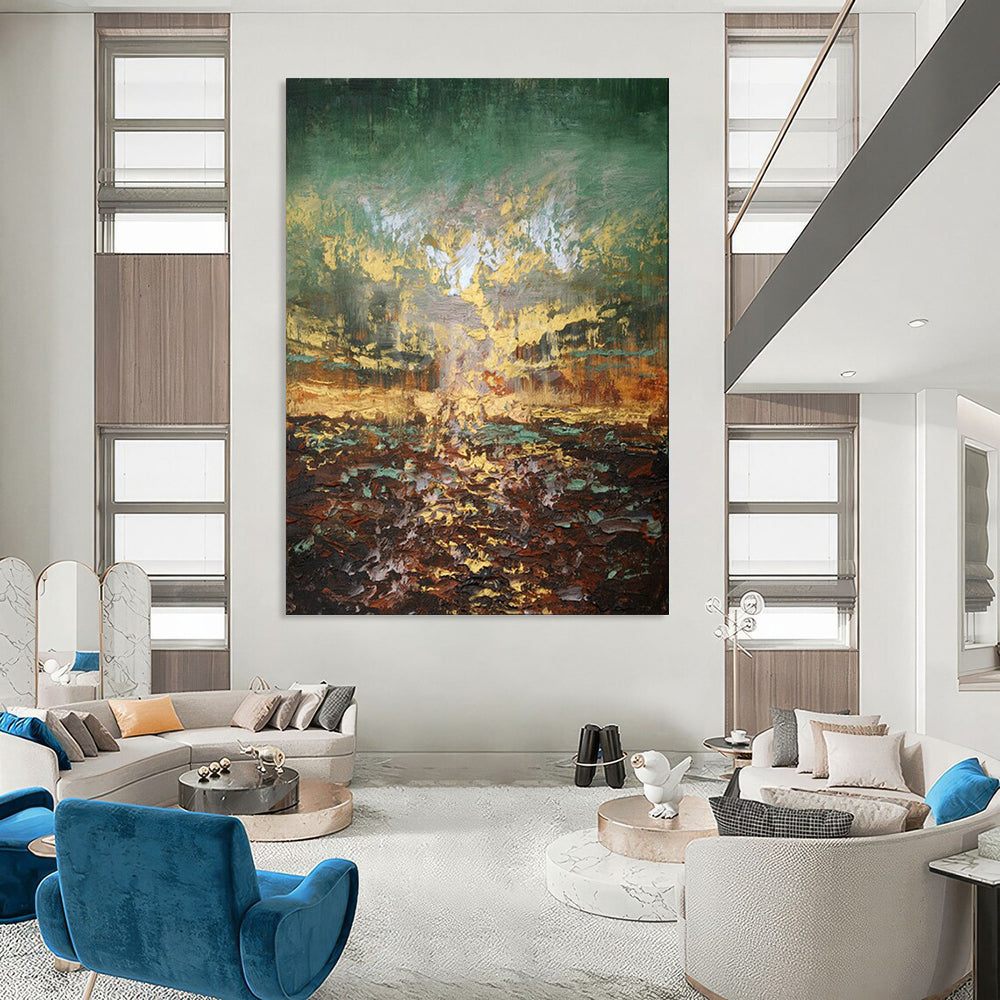 “Textured Green and Gold Abstract Landscape” - Abstract Landscape Painting On Canvas PT1942