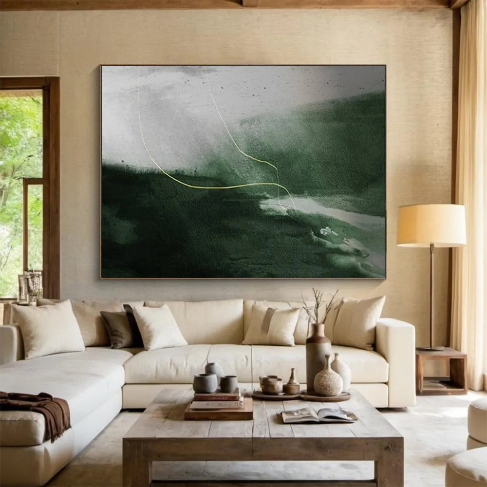 “Green - Yellow Abstract Line” - Green, Gray, Yellow Abstract Minimalist Painting On Canvas PS0649
