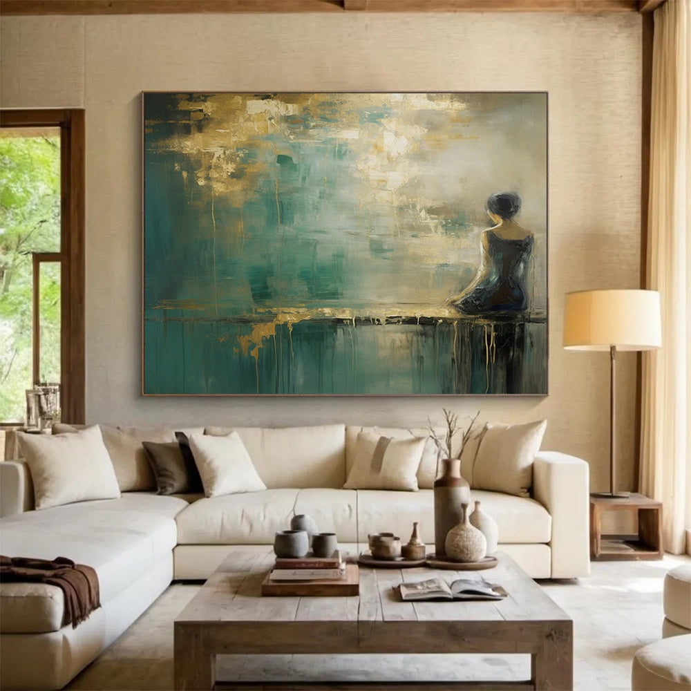 “Woman by the Water in Teal and Gold” - Impressionistic Figurative Painting On Canvas PT087
