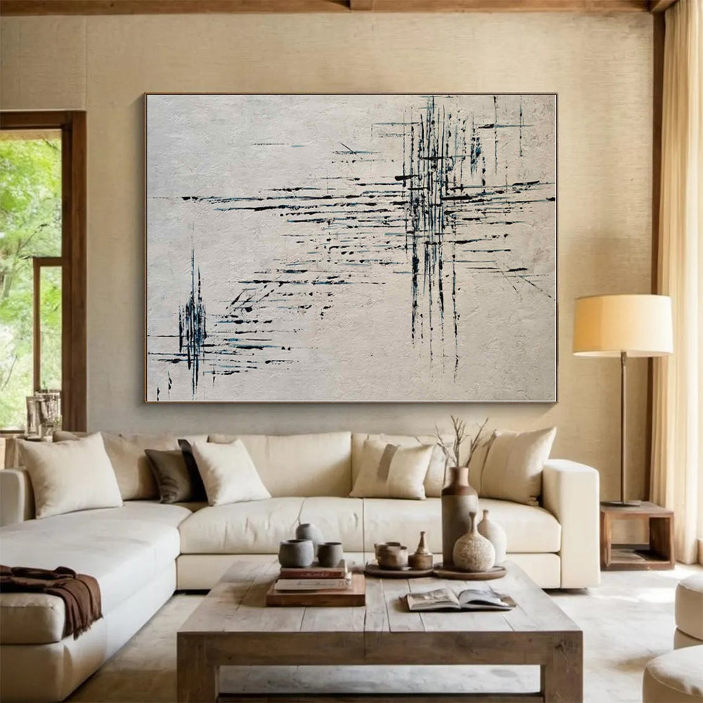 “Black - Blue Abstract Lines” - Black, Blue Abstract Painting On Canvas PS0454