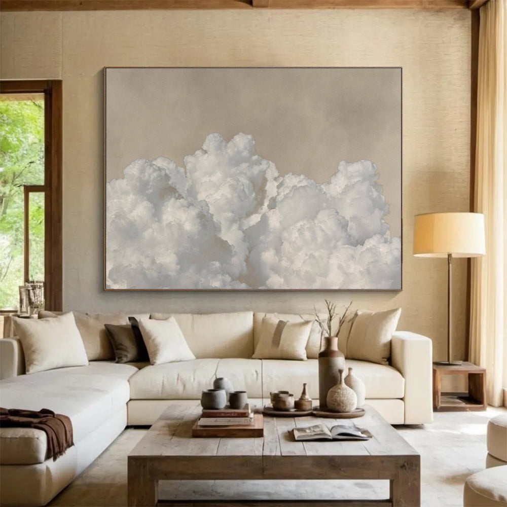 Fluffy Clouds Over Beige Sky Minimalist Landscape Painting On Canvas DKS126