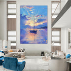 “Pastel - Hued Sailboat at Sunset” - Impressionist Seascape Painting On Canvas PT1893