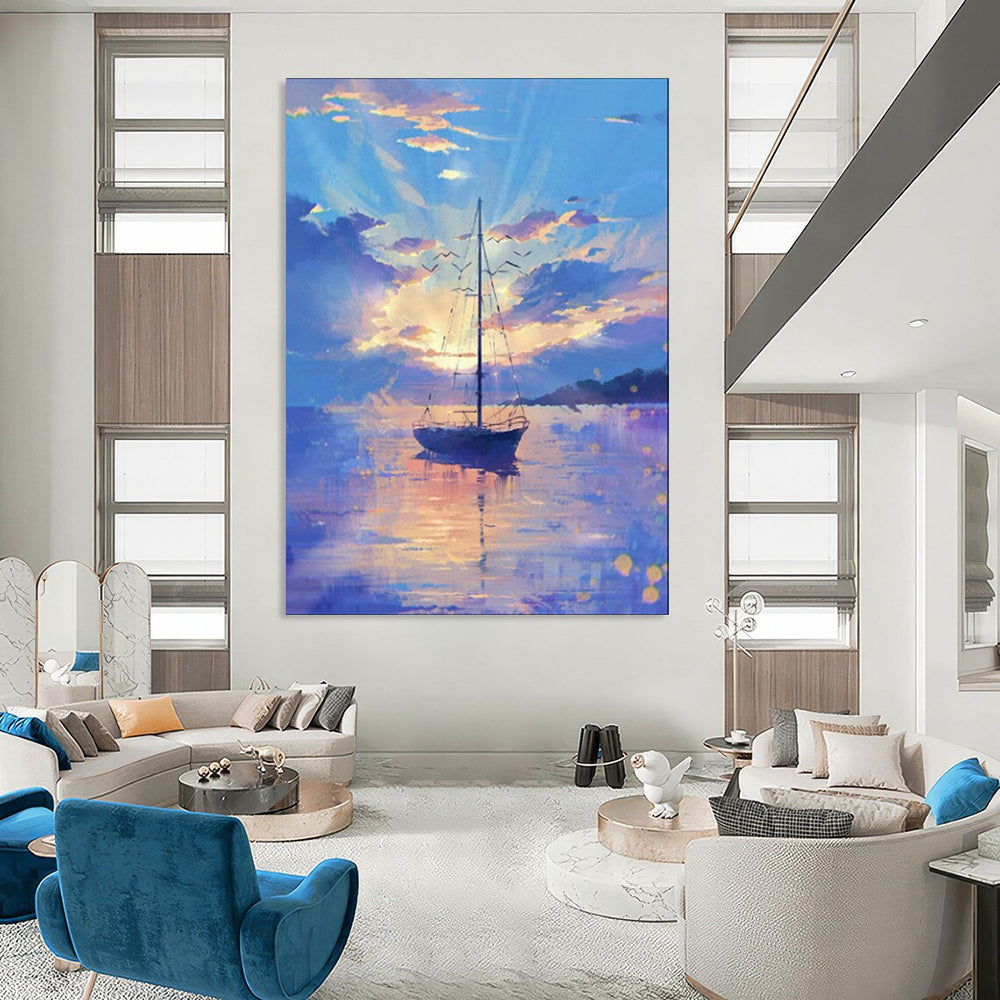 “Pastel - Hued Sailboat at Sunset” - Impressionist Seascape Painting On Canvas PT1893
