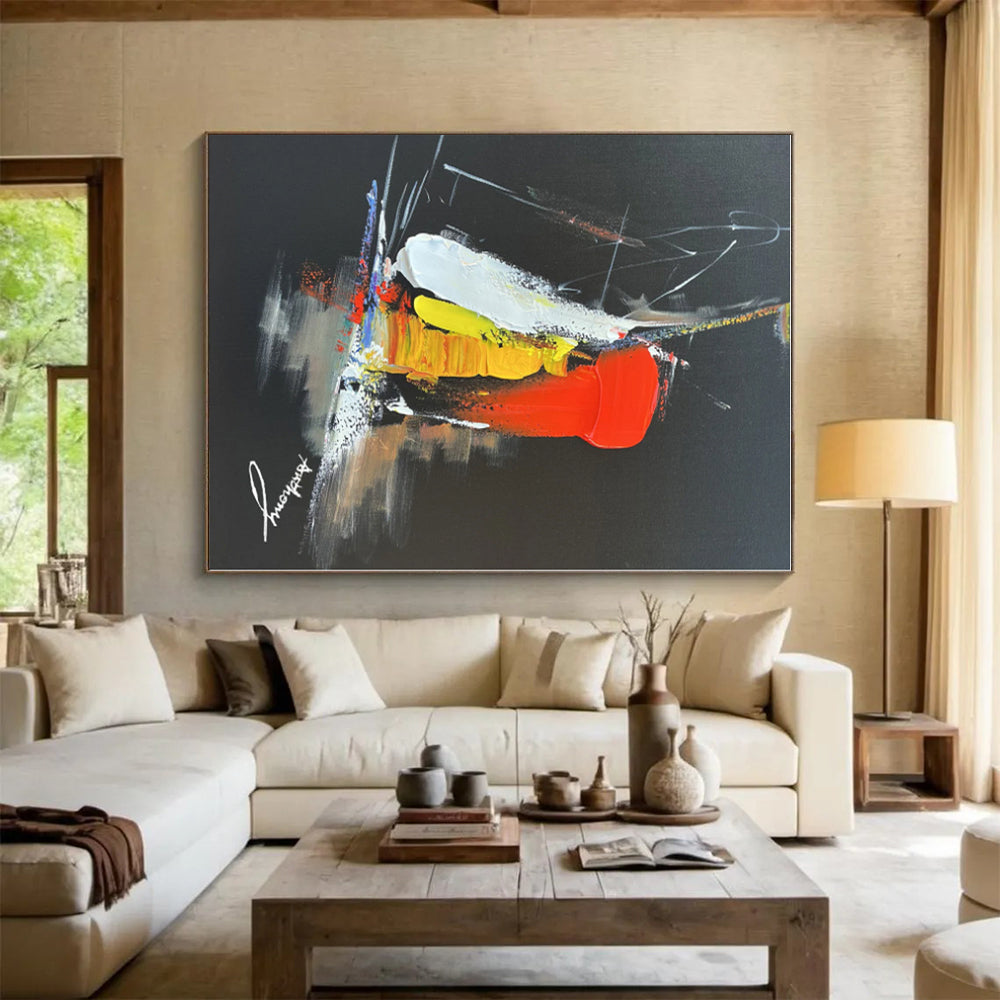 “Black - Red - Yellow Dynamic Burst” - Black, Red, Yellow, Blue Abstract Painting On Canvas PS0515
