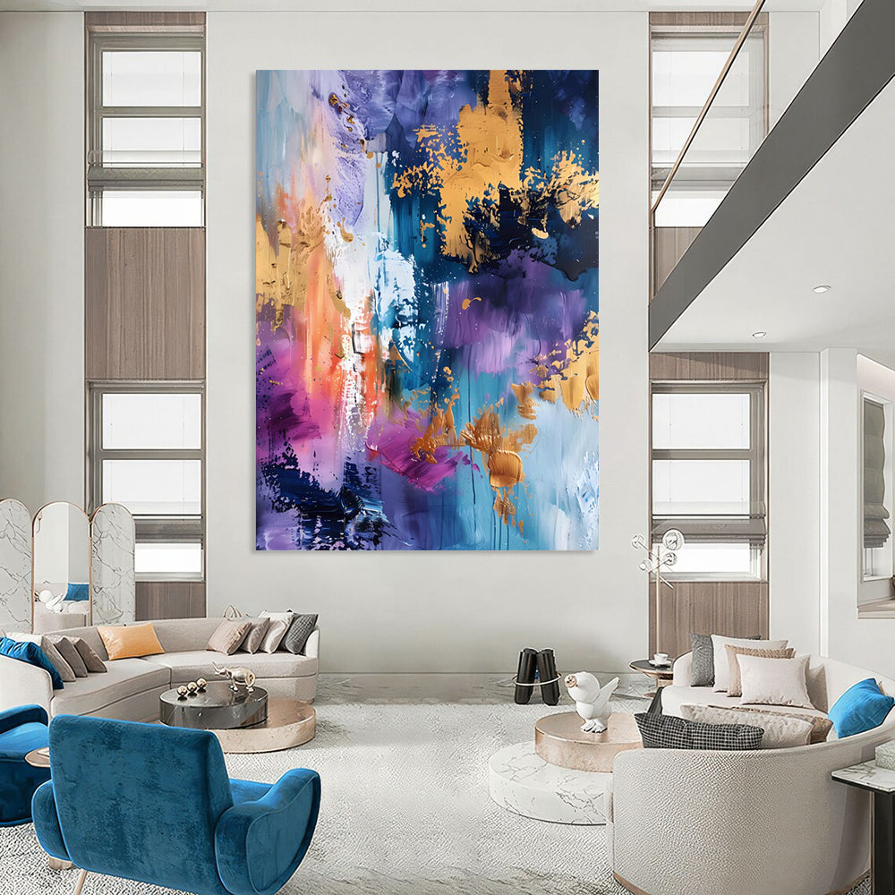 “Purple, Blue & Gold Abstract Splash” - Luxe Abstract Painting On Canvas DS282