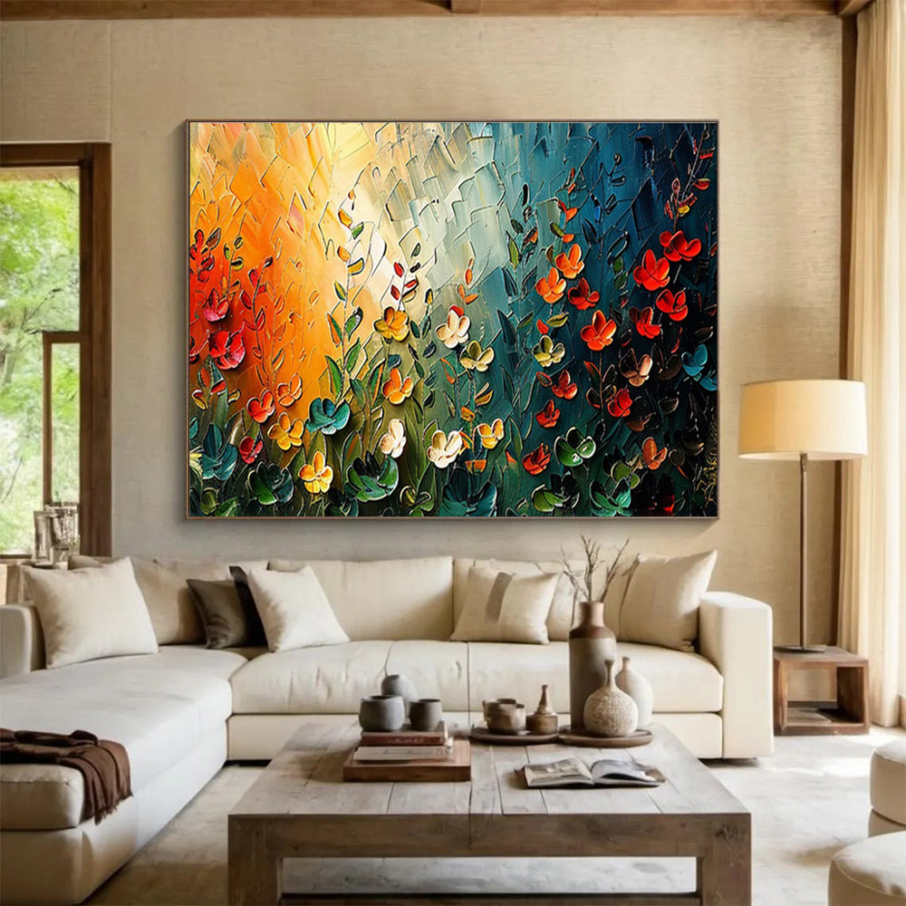 “Sunset Garden Fantasia” - Orange, Green & Red Floral, Textured Flower Palette Knife Painting On Canvas DKS687