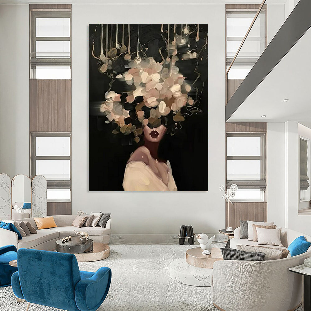 “Black, Beige, and White Floral Head” - Mysterious Figurative Painting On Canvas DS326