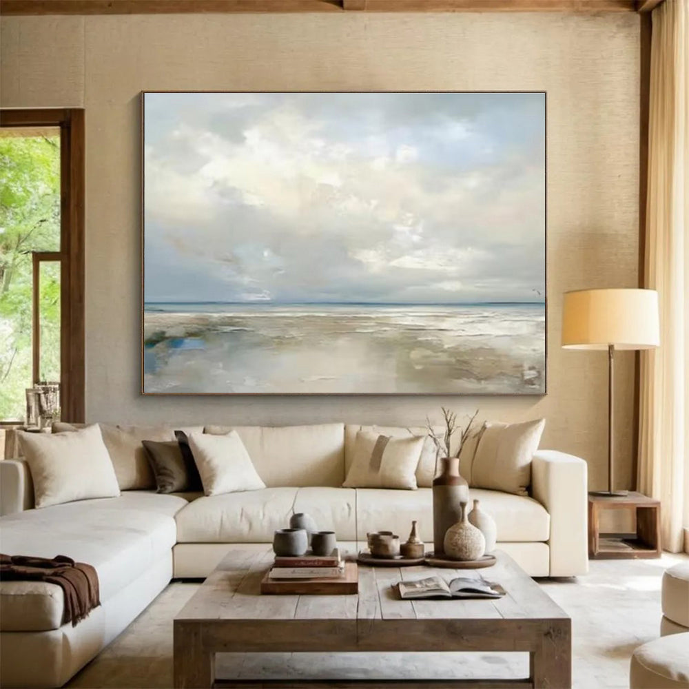 Soft Cloudy Seaside in Pastels - Impressionistic Seascape Painting On Canvas DKS322