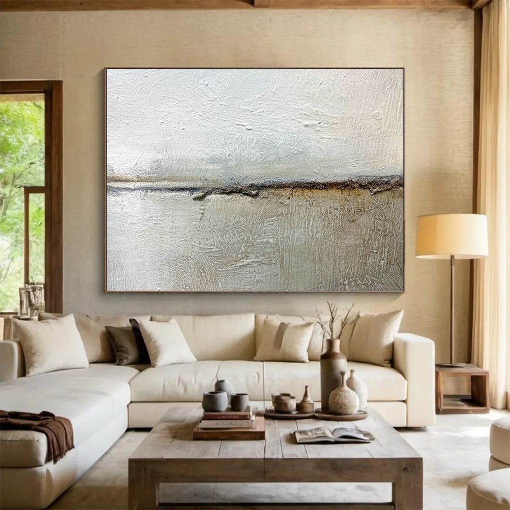 “Textured Neutral Divide” - Gray, Brown & White Abstract, Mixed - Media Painting On Canvas DKS754