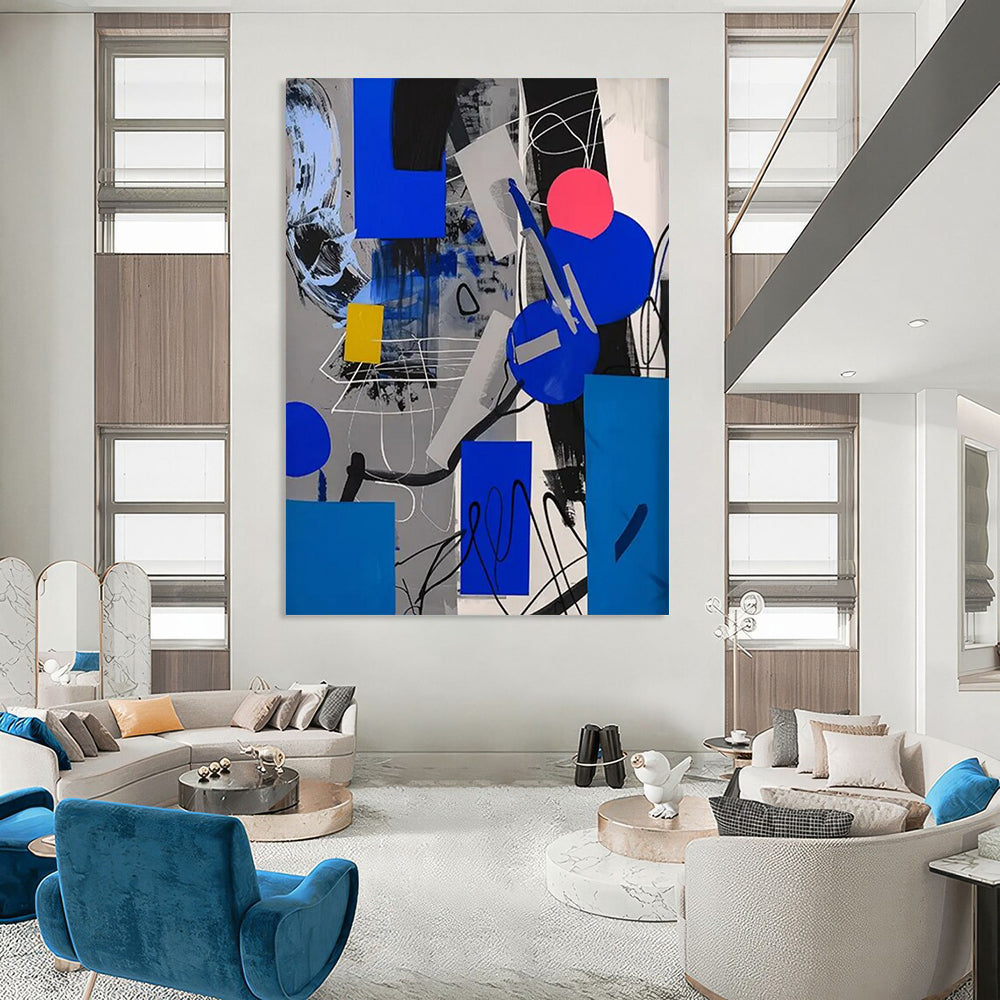 Geometric Fusion: Blue, Gray & Pink Painting On Canvas DS110