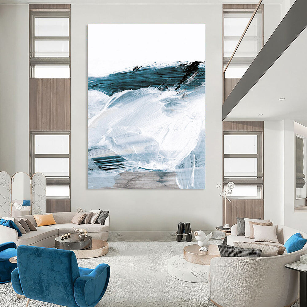 “Blue & White Abstract Waves” - Fluid Forms with Textured Layers Painting On Canvas DS219