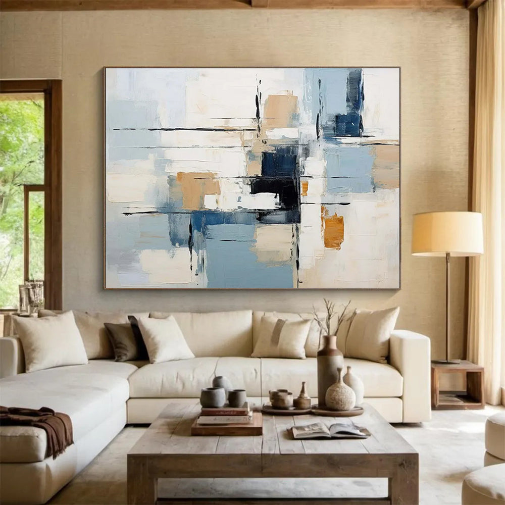 “Soft Blue and Beige Abstract Blocks” - Minimalist Abstract Painting On Canvas PT092