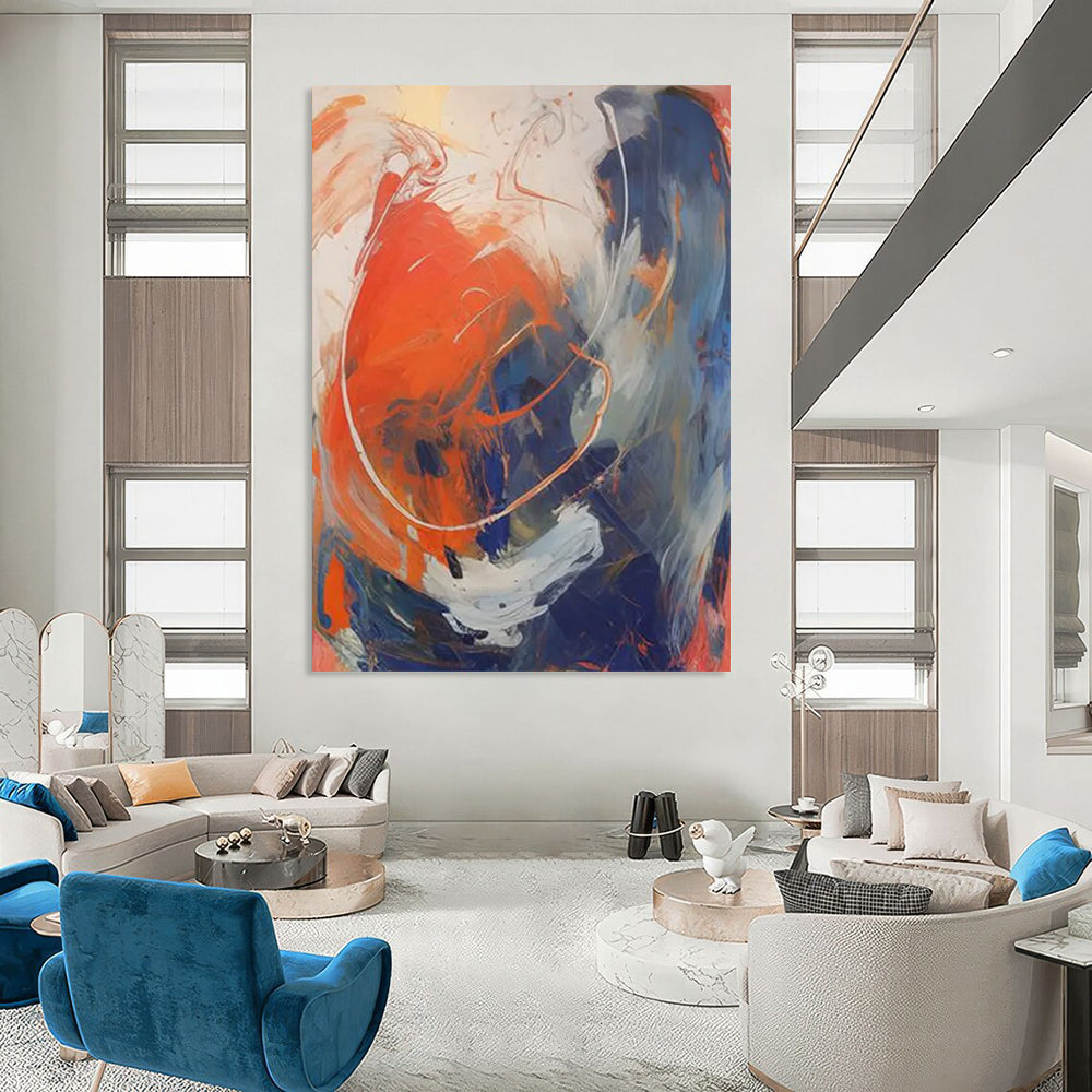 “Vibrant Swirls” - Bold Orange, Blue & White Dynamic Strokes Painting On Canvas DS133