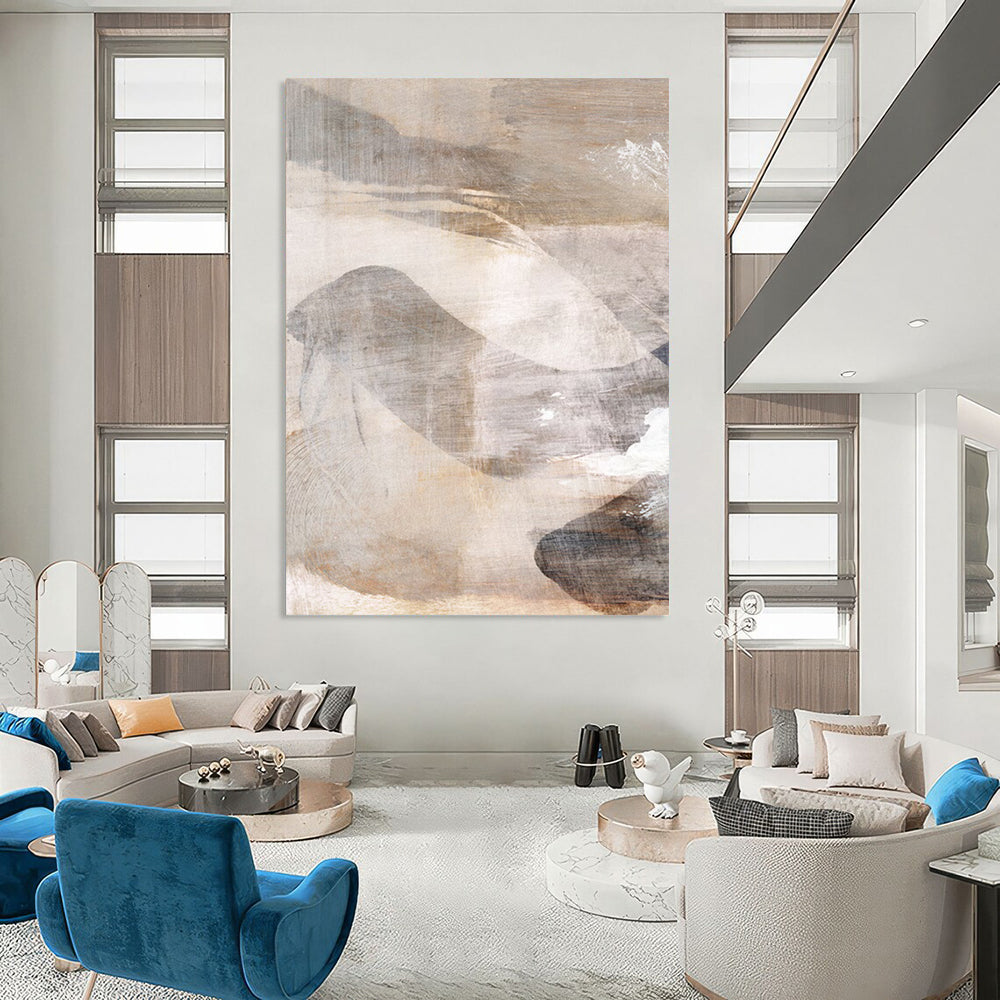 “Textured Mountain Abstraction” - Beige & Gray Layers with Subtle Shapes Painting On Canvas DS210