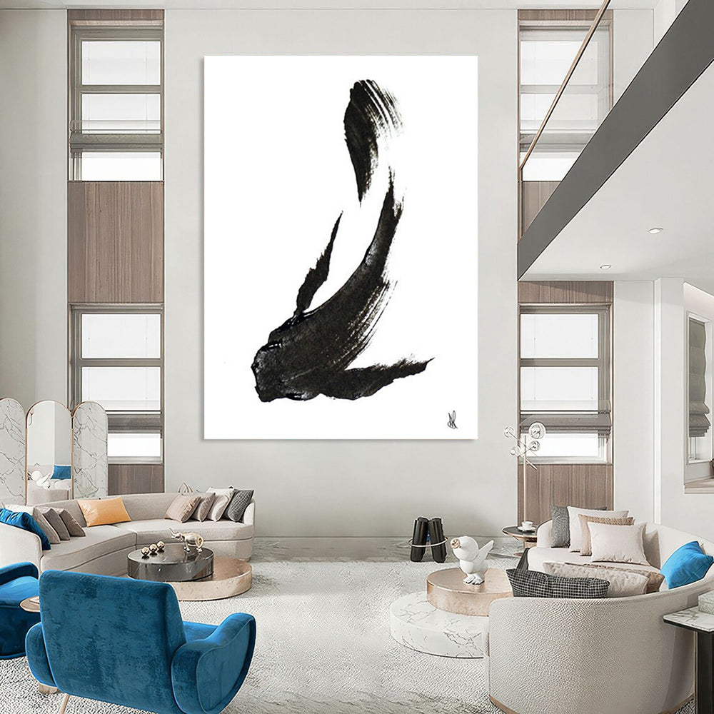 “Ink Fish Silhouette” - Bold Black Brushstrokes on White Canvas Painting On Canvas DS181