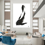 “Ink Fish Silhouette” - Bold Black Brushstrokes on White Canvas Painting On Canvas DS181