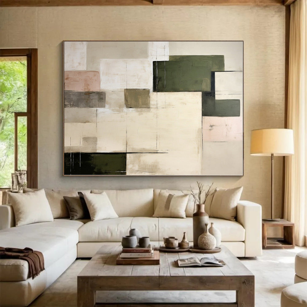 “Neutral & Green Squares” - Beige, Green Abstract Minimalist Painting On Canvas PS0395
