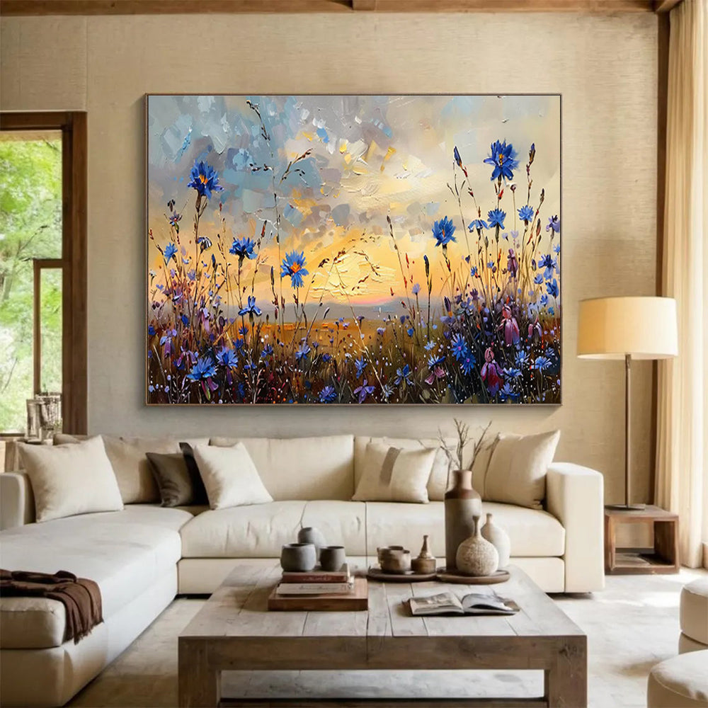 “Blue Wildflower Sunset” - Orange, Blue & Purple Floral, Impressionistic Field Painting On Canvas DKS698
