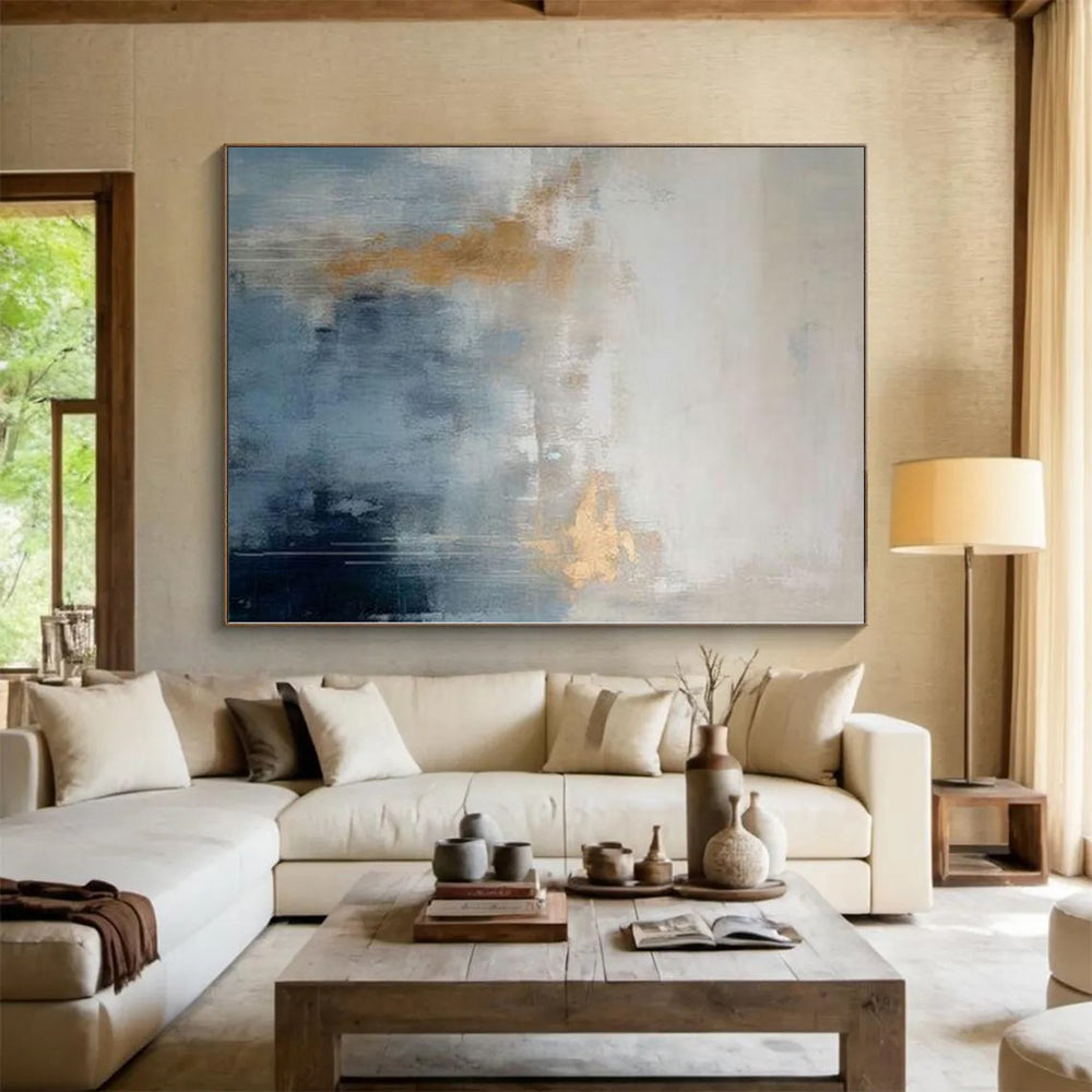 “Gold - Accented Blue - Grey Abstract with Subtle Drips” - Expressive Abstract Painting On Canvas PS0250