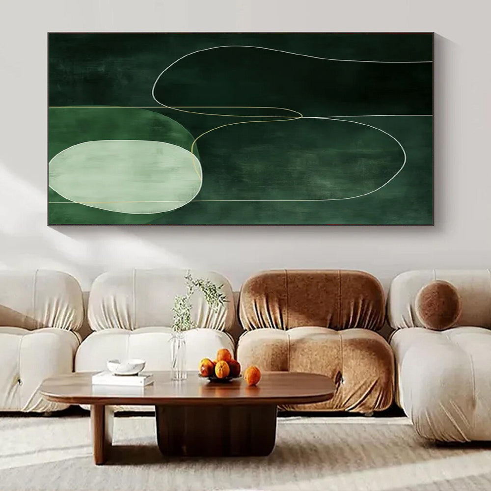 Green and White Curves, "Emerald Flow" – Abstract Line - Art Painting On Canvas PS0951