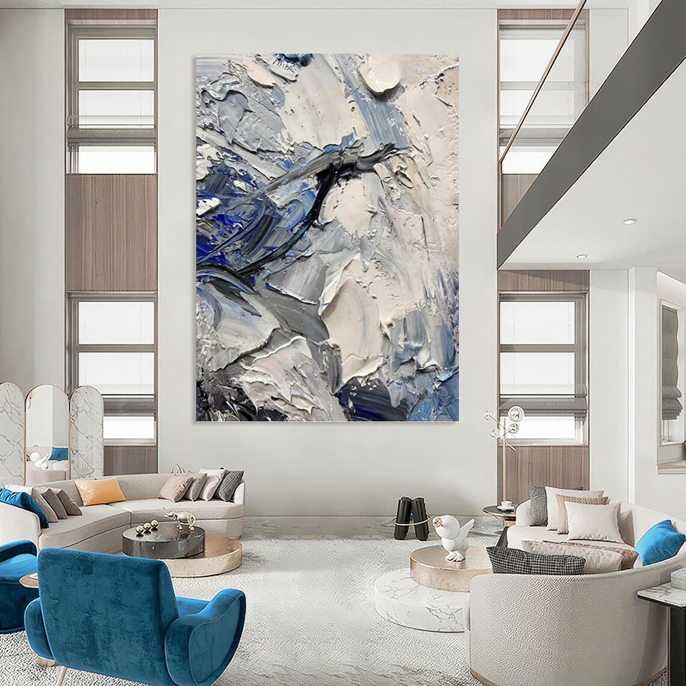 “Blue - Grey Textured Abstract” - Palette - Knife Abstract Painting On Canvas PT1257