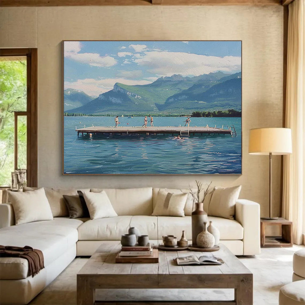 Blue Lake and Green Mountains with Figures Realistic Landscape Painting On Canvas DKS093