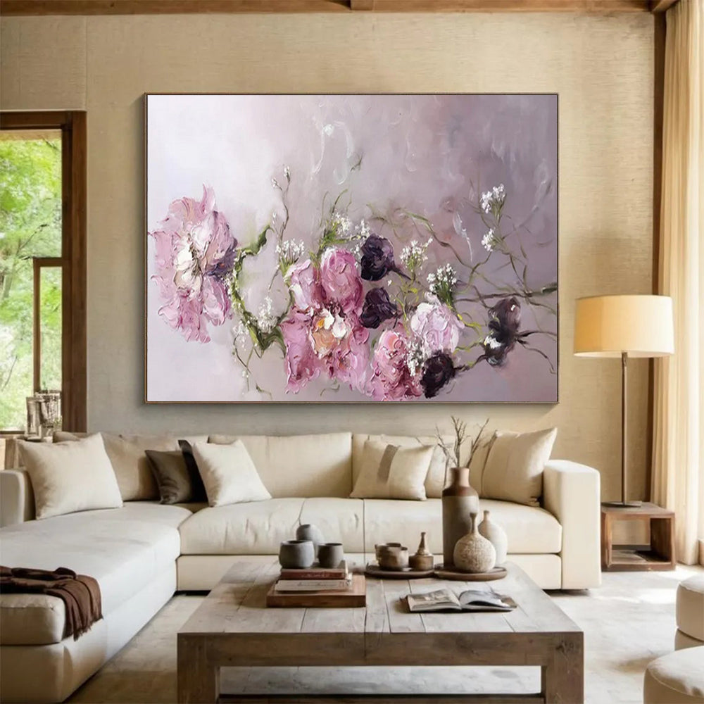 “Pink Flowers with Baby’s Breath” - Romantic Floral - Painting On Canvas PT1762