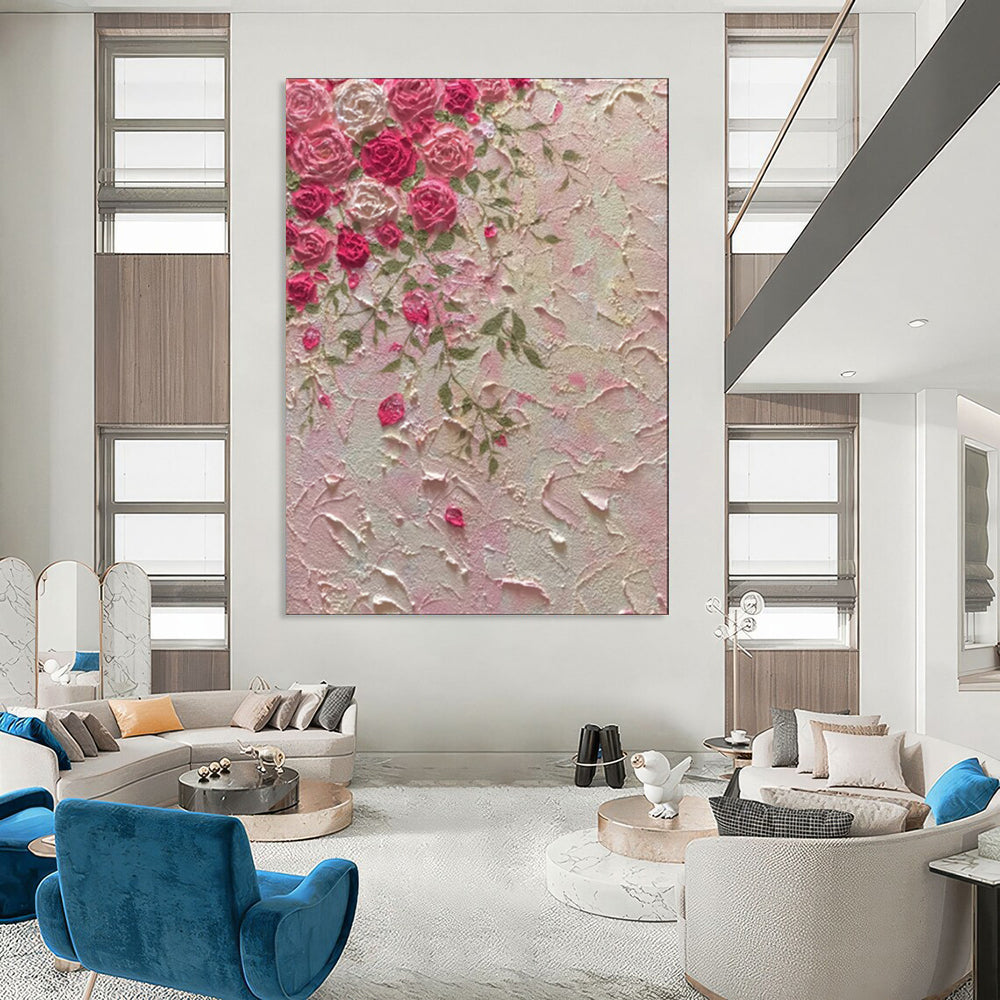 “Textured Pink Roses” - Impasto Floral Painting On Canvas PT1985