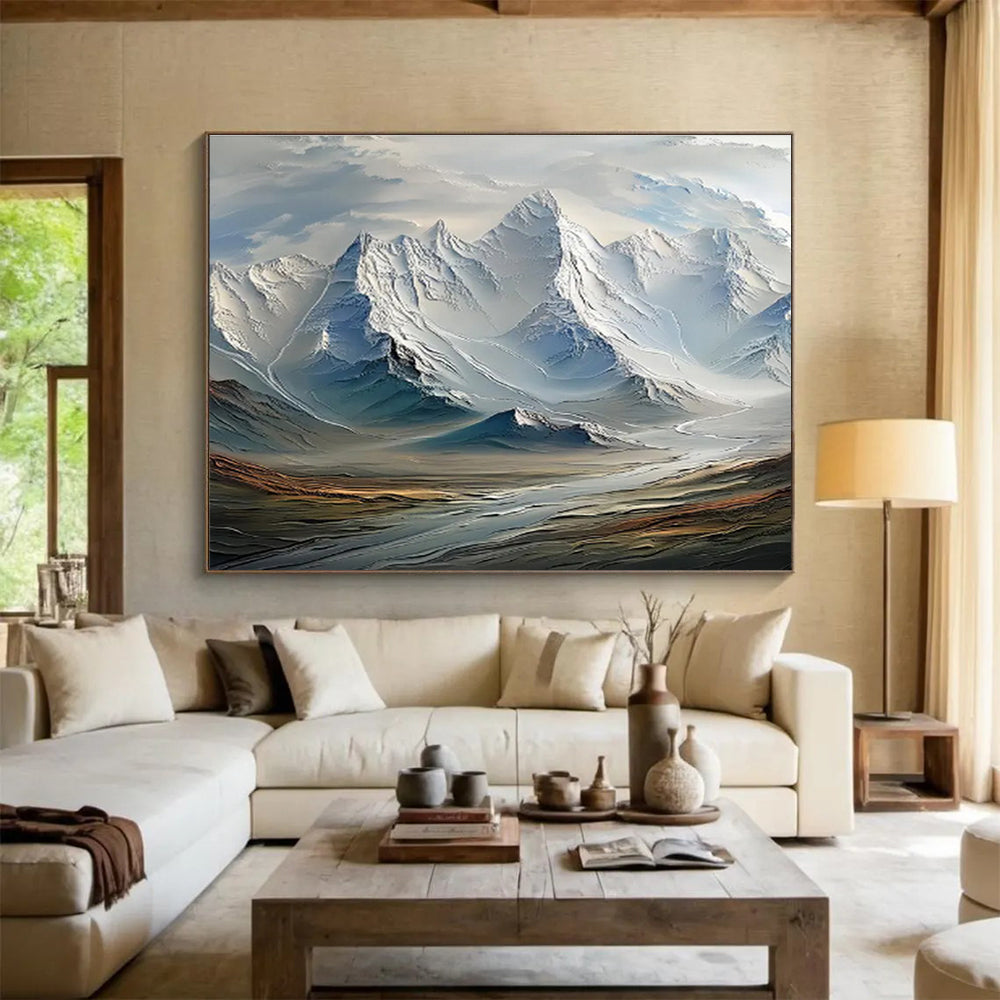 “Snowy Mountain Majesty” - White, Blue & Gray Landscape, Hyper - Realistic Oil Painting On Canvas DKS728