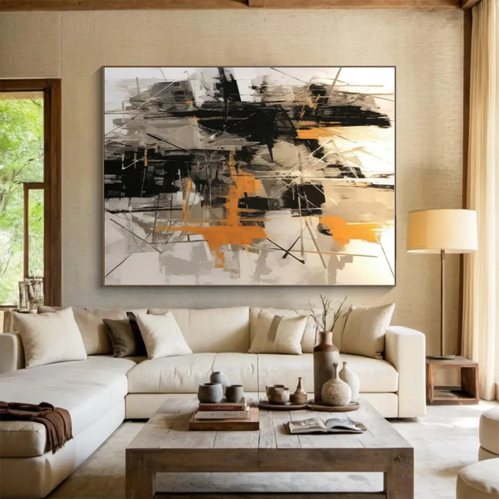 Black, Grey & Orange Abstract Chaos Painting On Canvas PS0821