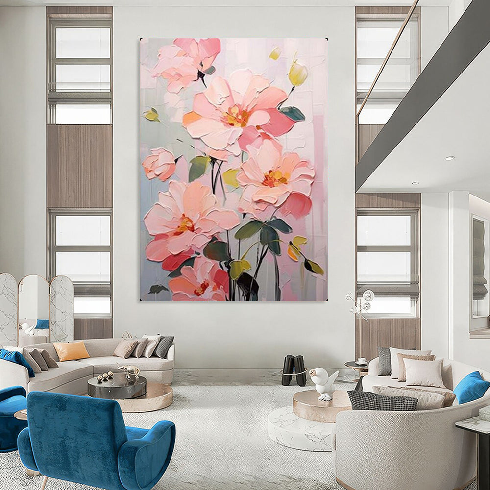 Pink Peach Blooms with Impasto Texture, Inspired by Claude Monet's Style, Floral Painting On Canvas PT2123