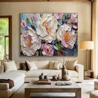 “White and Pink Peonies with Blue Accents” - Impasto Oil Painting On Canvas DKS891