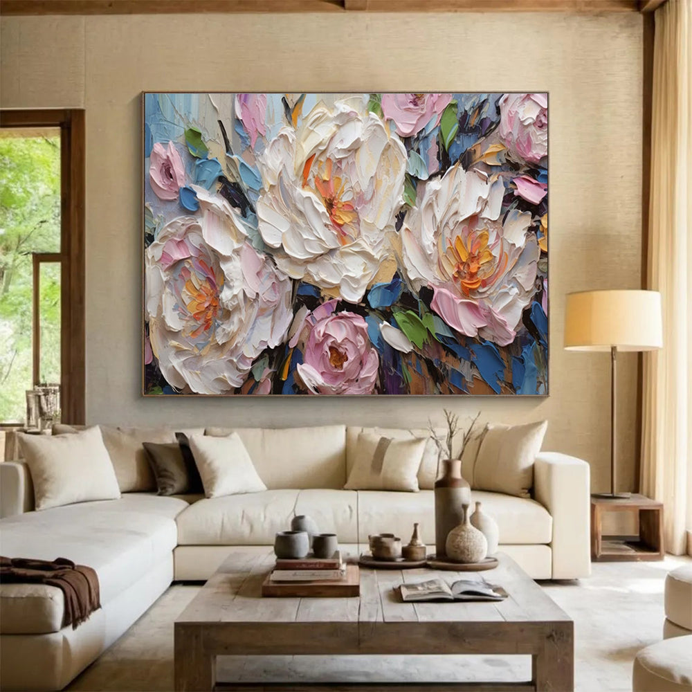 “White and Pink Peonies with Blue Accents” - Impasto Oil Painting On Canvas DKS891