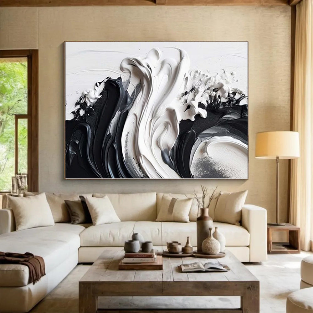 “Sleek Black - and - White Textured Abstract” - Contemporary Abstract Painting On Canvas PS0241