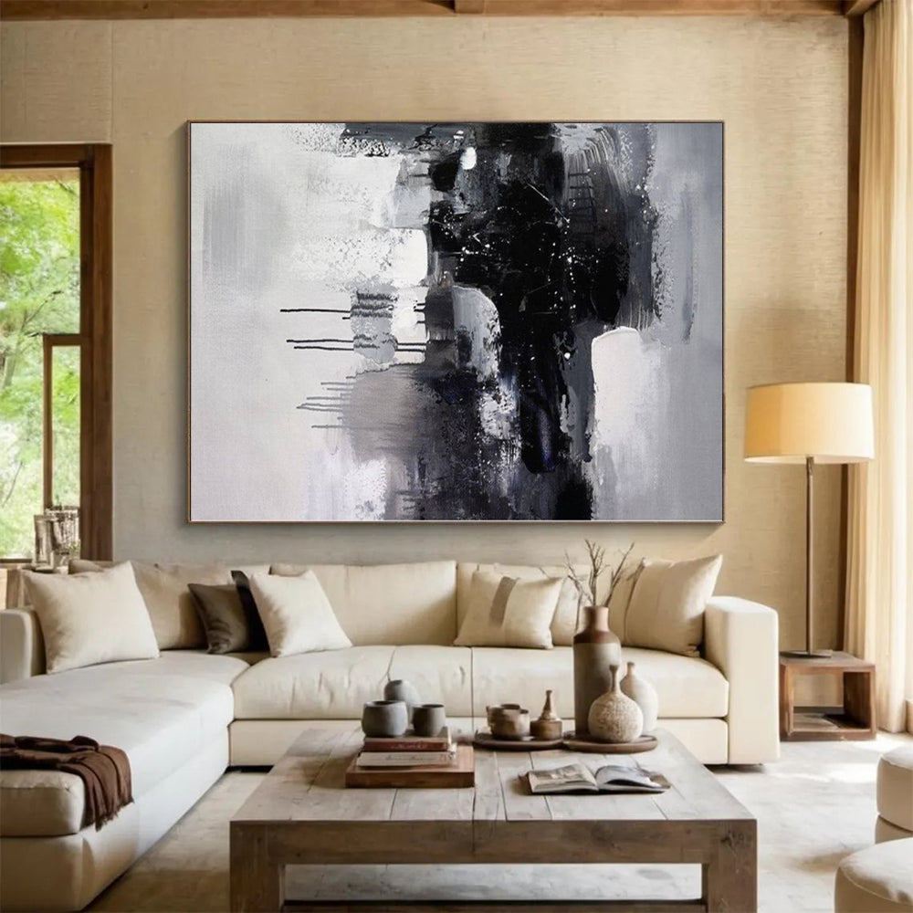 “Black - White - Grey Ink - like Abstract Drippings” Painting On Canvas PS0376