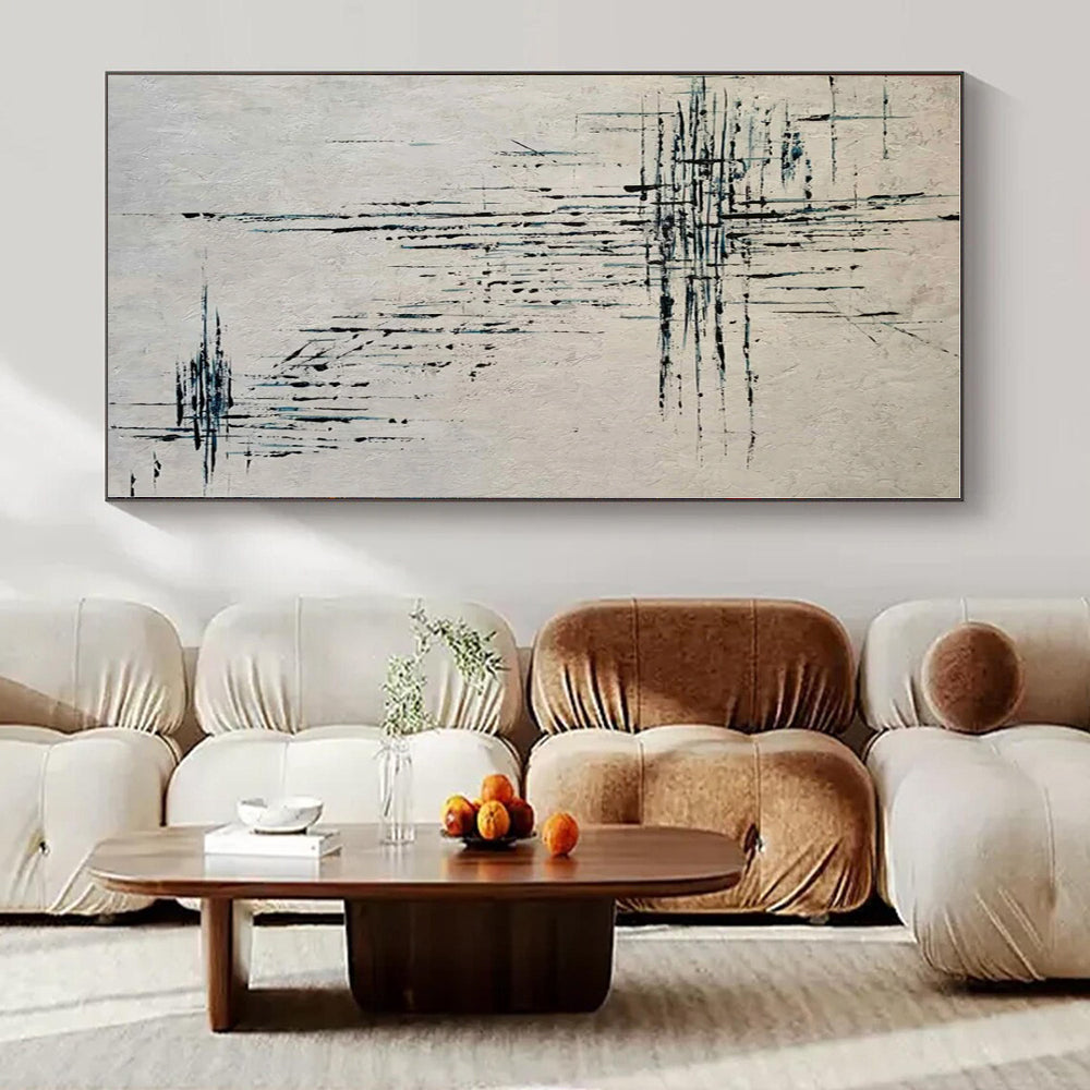 White, Black, Blue with Linear Drips "Dripping Rhythm" Abstract Painting On Canvas PS1315